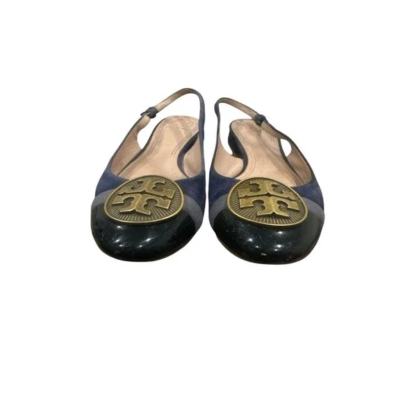 Tory Burch Alastair Slingback Heels Navy Suede Classic Logo Medallion 6M - Picture 3 of 6